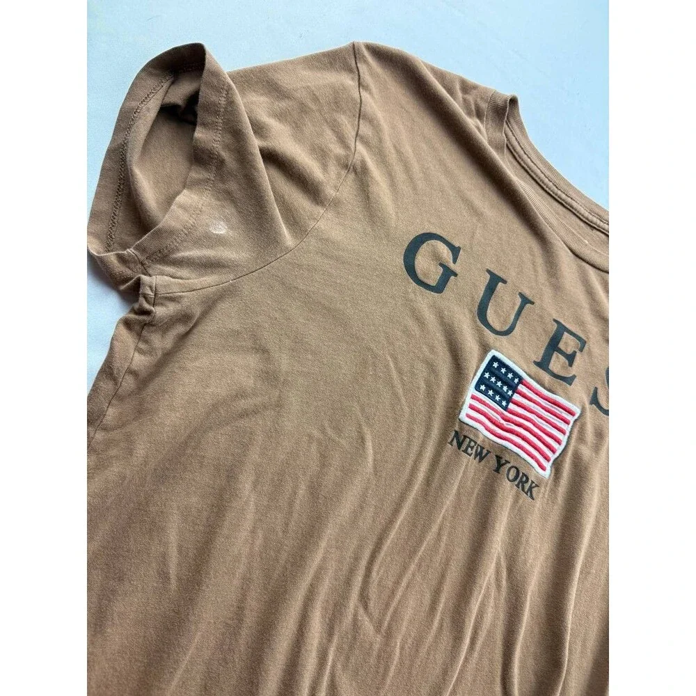 GUESS Embroidered Tee T-Shirt Mens Medium‎ Brown USA Flag Patriotic Short Sleeve - Picture 3 of 9
